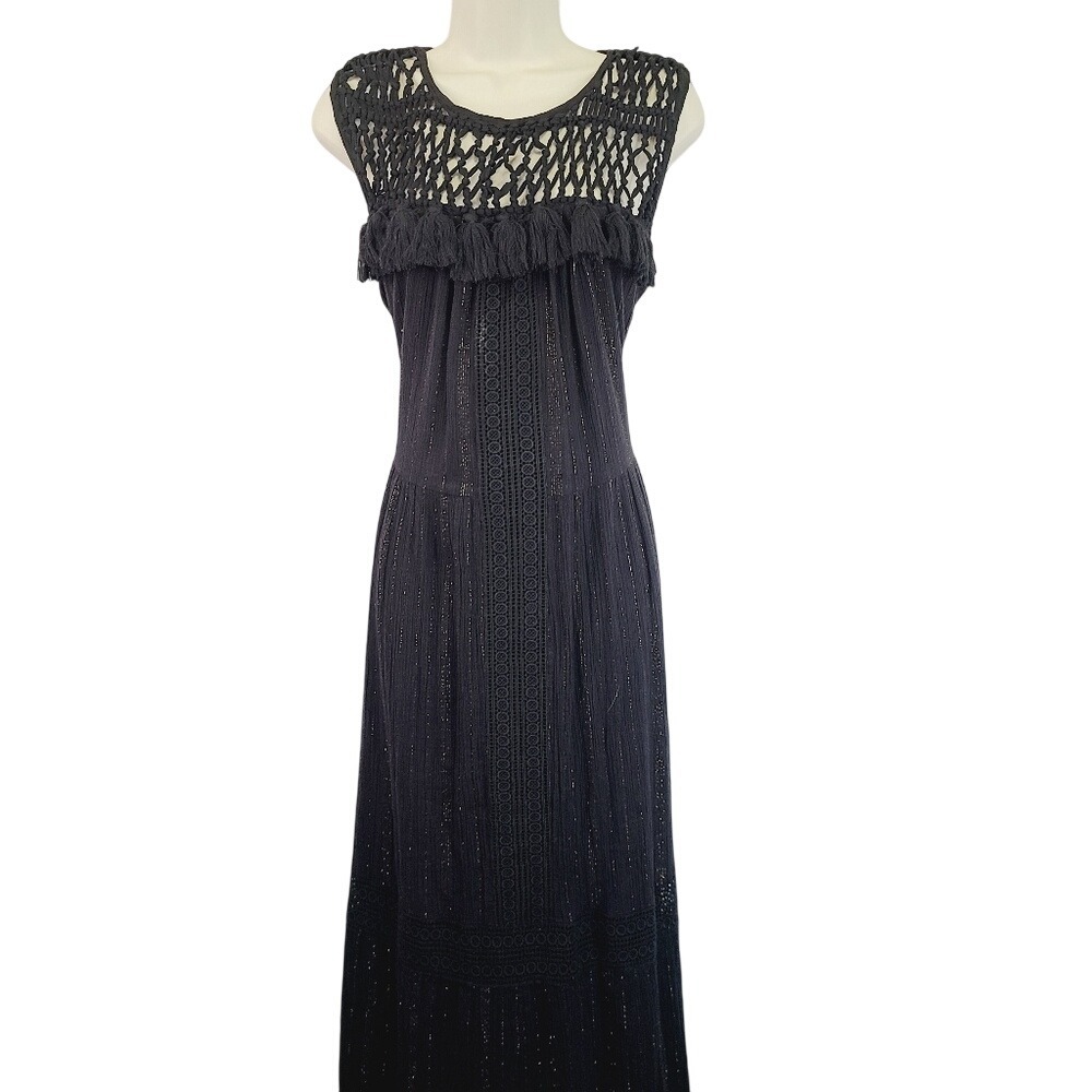 Anthropologie Maeve Black Crochet Tassel Metallic Stripe Maxi Dress XL Mens